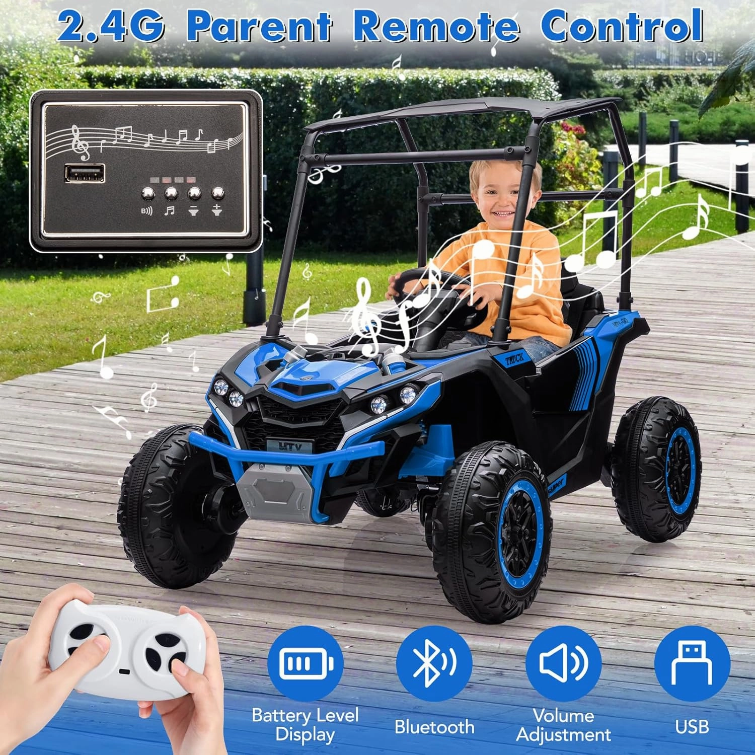 2 Seater Kids UTV Electric Car, 24V Ride On Car for Kids w/2.4G Remote Control, Electric Vehicles w/Forward & Reverse Functions, 4-Wheeler Suspension, Lights and Music (Blue)