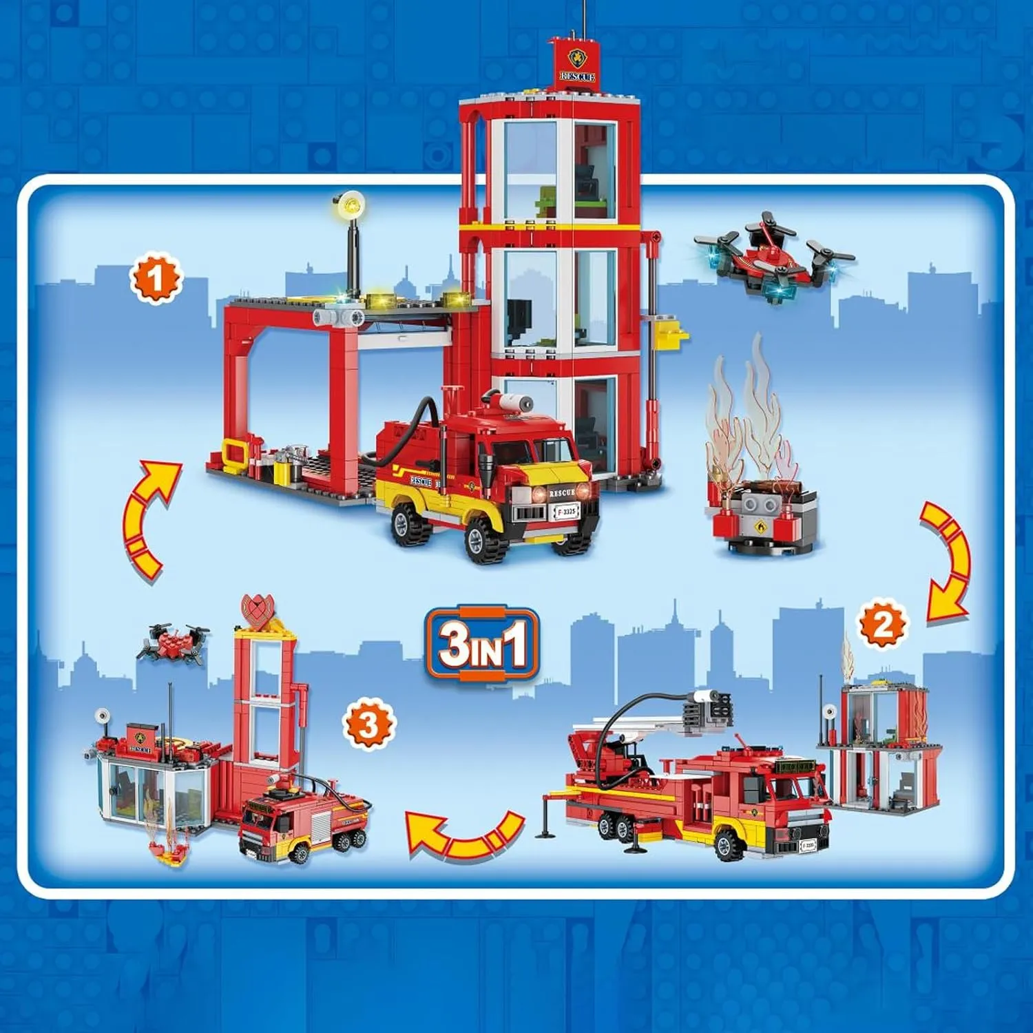 3 in 1 City Fire Station,Fire Engine Building Toy Set with Truck,Firehouse Headquarters,Brigade Rescue Plane Toy for Kids and Fans of Firefighter Toys, Fun Gift Idea.Comes with 4 Figures.