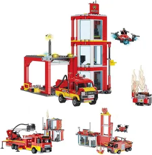 3 in 1 City Fire Station,Fire Engine Building Toy Set with Truck,Firehouse Headquarters,Brigade Rescue Plane Toy for Kids and Fans of Firefighter Toys, Fun Gift Idea.Comes with 4 Figures.