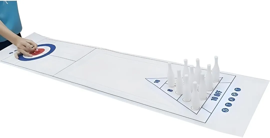 3-in-1 Tabletop Curling, Shuffleboard, and Bowling Game-Portable Family Game for Kids & Adults and Easy to Set Up Desktop Indoor/Outdoor Fun Game.