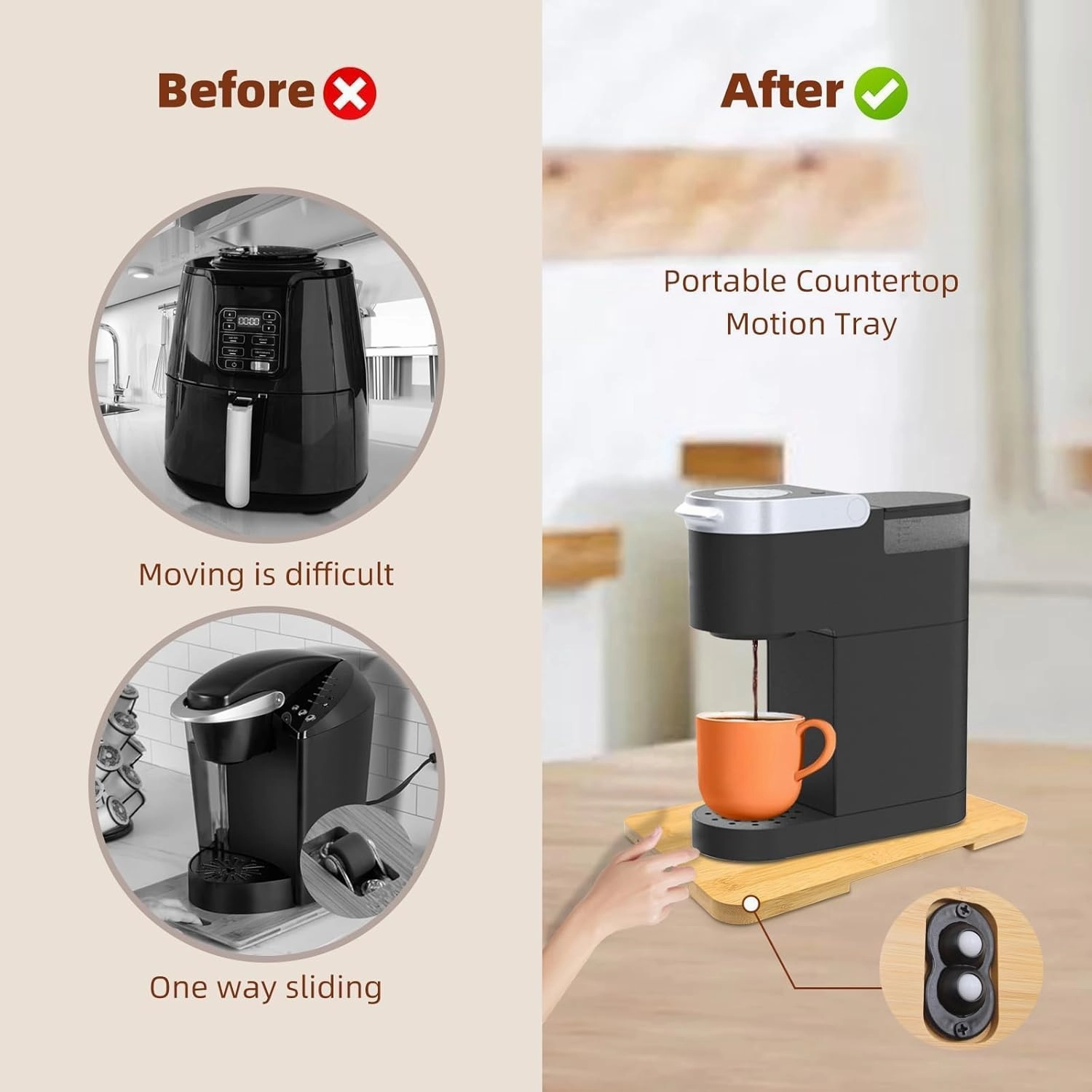 360° Rolling Tray Bamboo Appliance Slider, Appliance Sliders for Kitchen Appliances Sliding Tray for Coffee Maker Appliances Mat Easily from Under The Cabinet Natural(14"×10")
