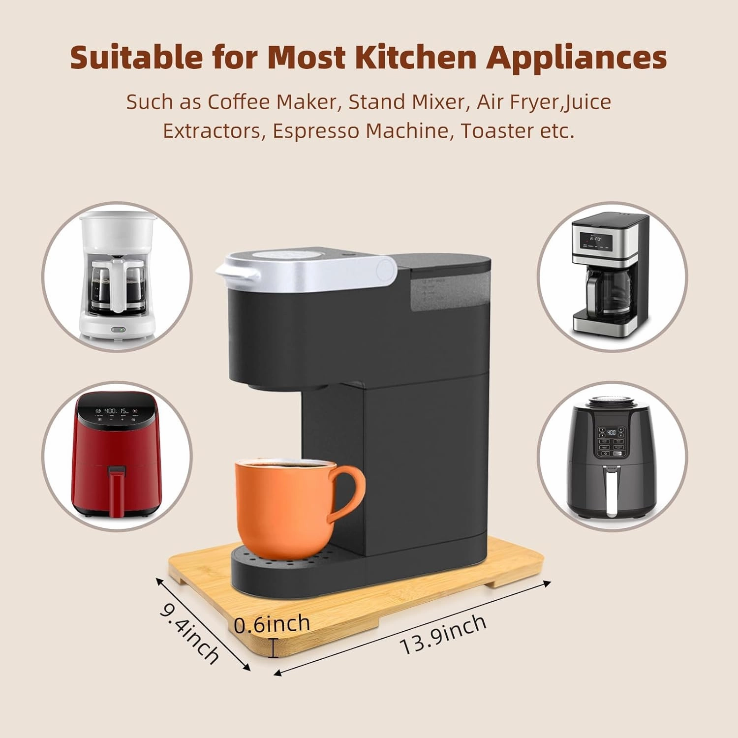 360° Rolling Tray Bamboo Appliance Slider, Appliance Sliders for Kitchen Appliances Sliding Tray for Coffee Maker Appliances Mat Easily from Under The Cabinet Natural(14"×10")