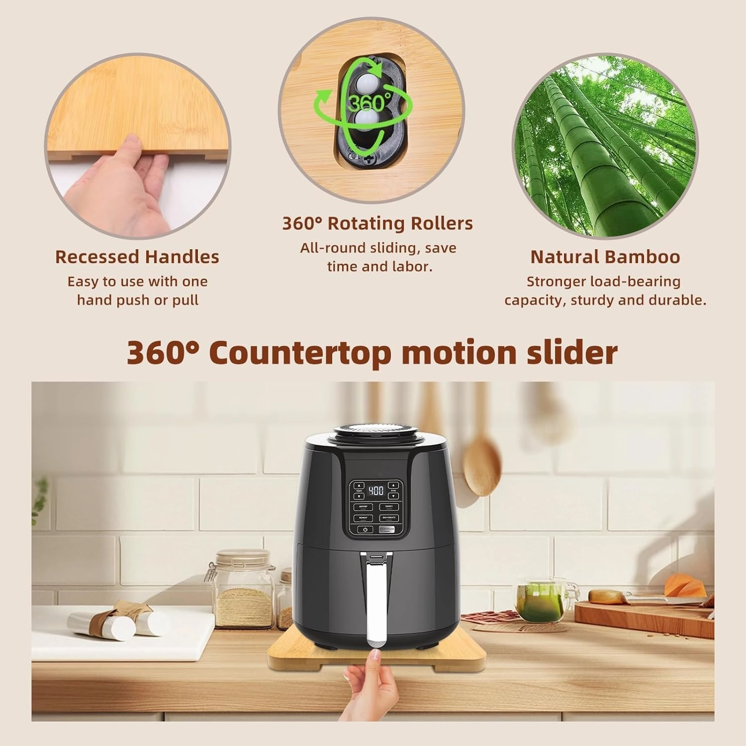 360° Rolling Tray Bamboo Appliance Slider, Appliance Sliders for Kitchen Appliances Sliding Tray for Coffee Maker Appliances Mat Easily from Under The Cabinet Natural(14"×10")