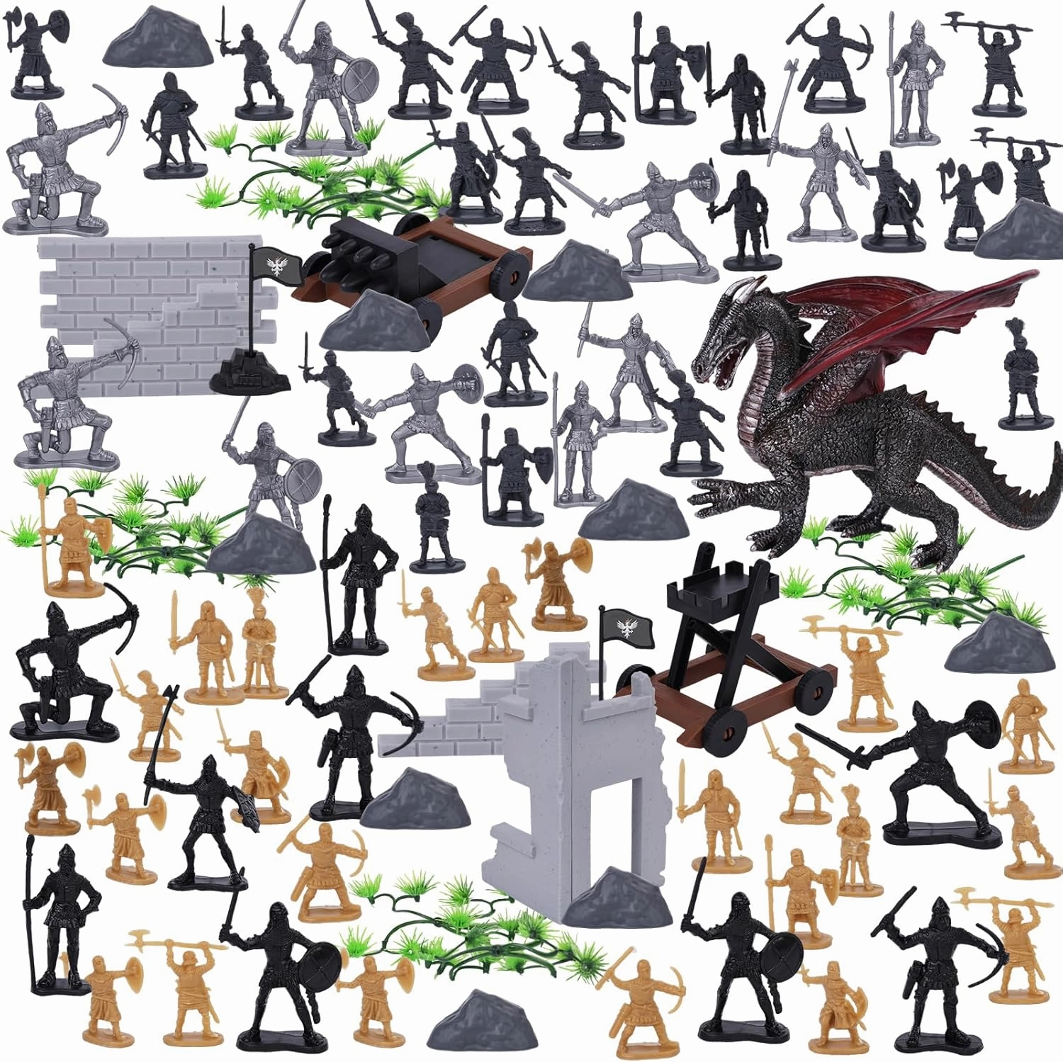 3 otters 230PCS Army Men Action Figures, Medieval Dragon Toy Set with Bucket, for Boys Girls Birthday Party Gift Toy