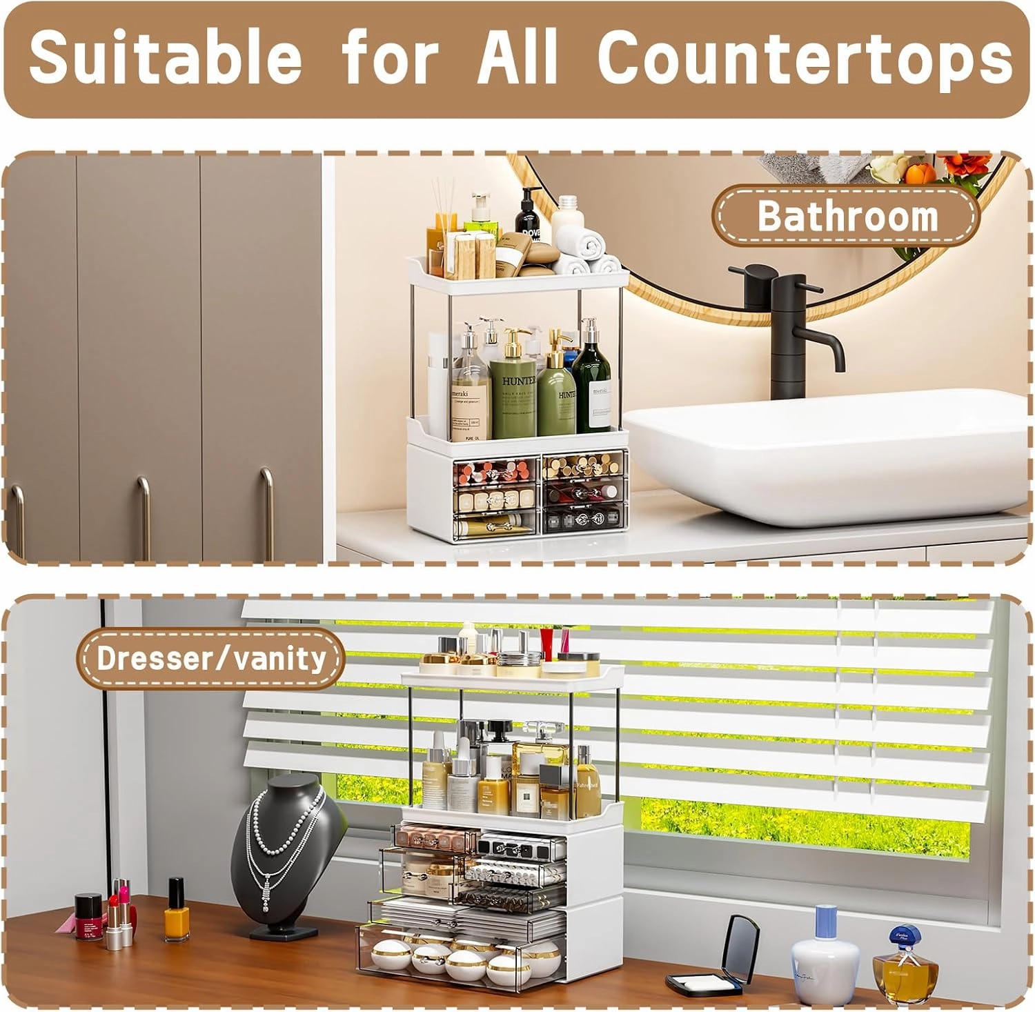 3 Pack Bathroom Organizers and Storage Countertop With 7 Drawers,Stackable Skincare Products Organizers,18.9" Tall Large Capacity Skincare Organizer and Exquisite Top of Dresser Organizer,White