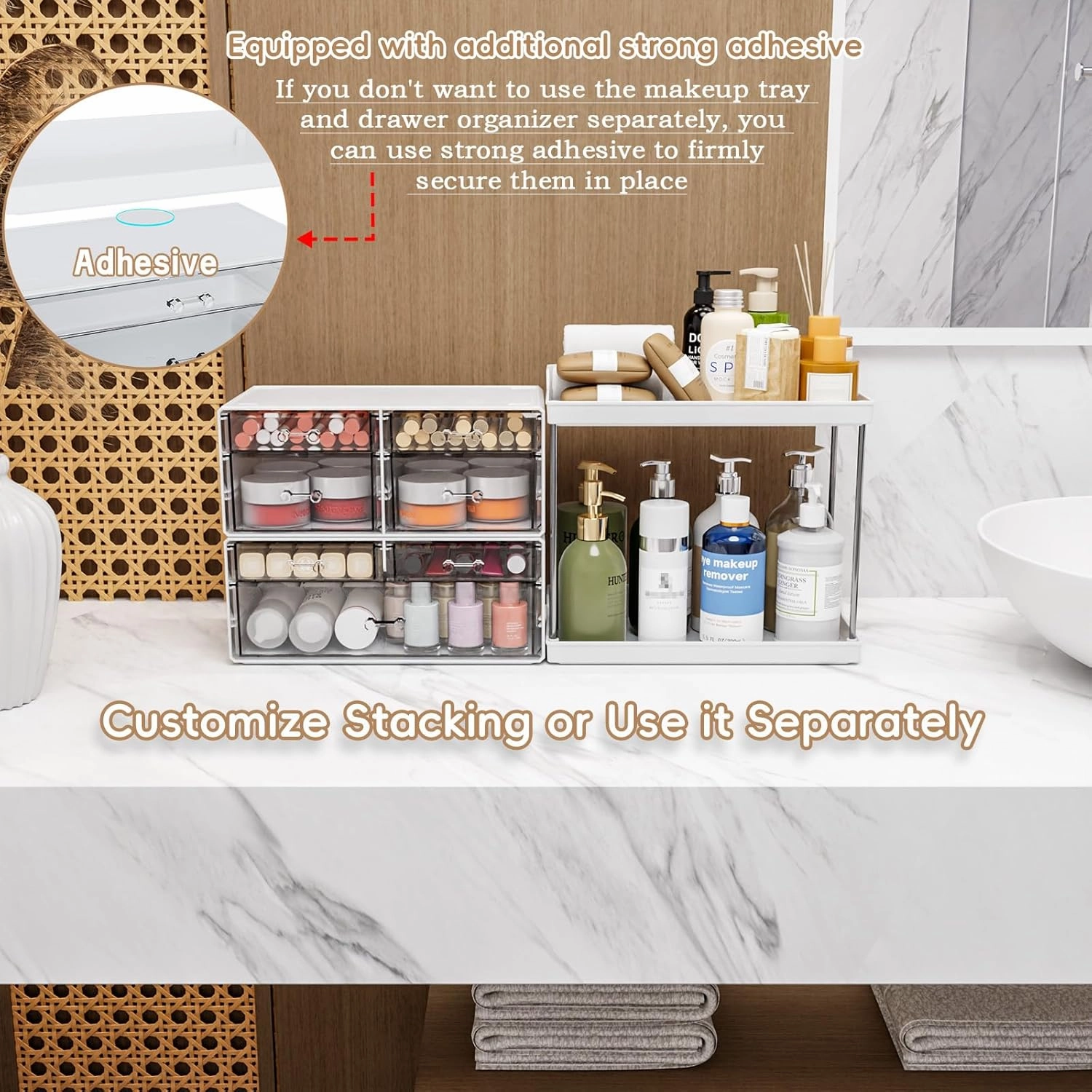 3 Pack Bathroom Organizers and Storage Countertop With 7 Drawers,Stackable Skincare Products Organizers,18.9" Tall Large Capacity Skincare Organizer and Exquisite Top of Dresser Organizer,White