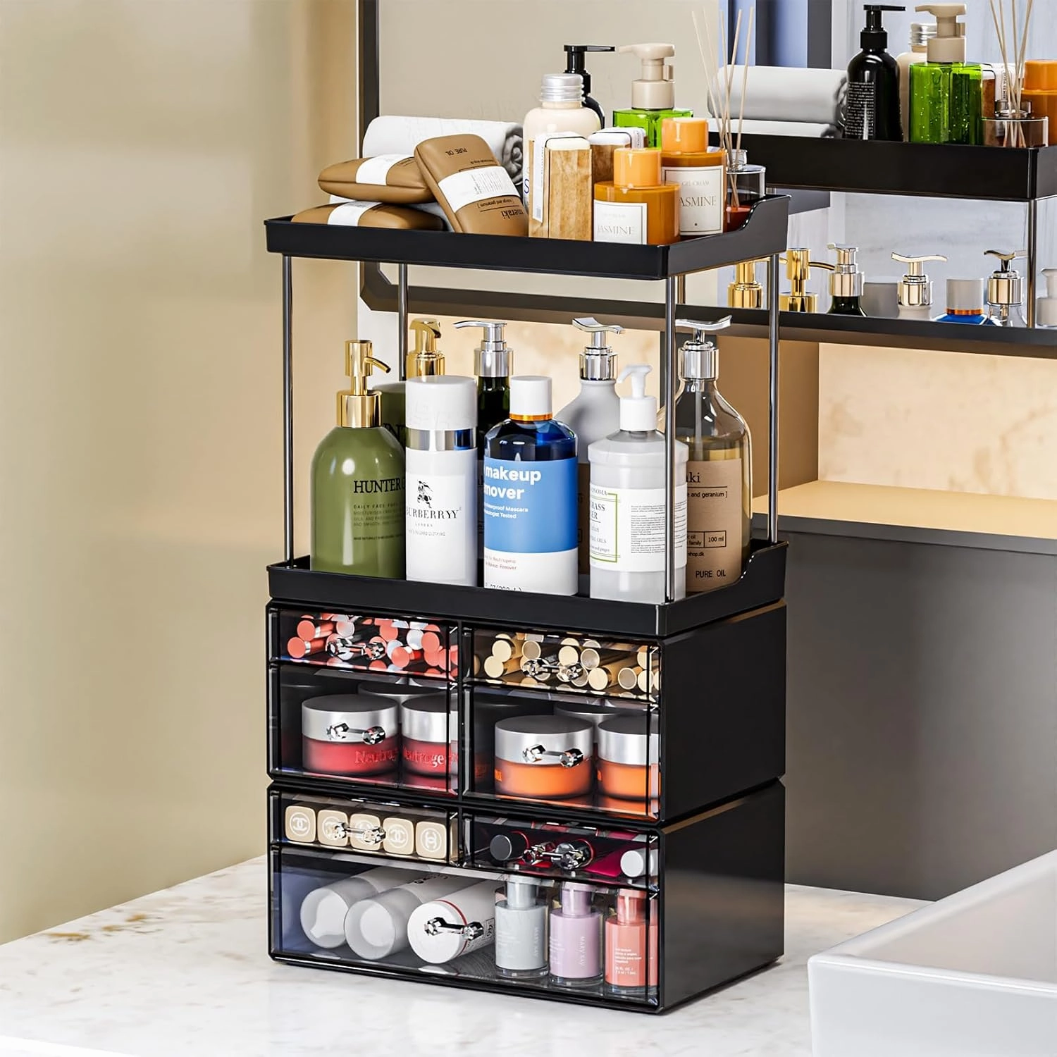 3 Pack Bathroom Organizers and Storage Countertop With 7 Drawers,Stackable Vanity Drawer Organizer for Makeup,18.9" Tall Large Capacity Skincare Organizer and Exquisite Makeup Organizer,Black