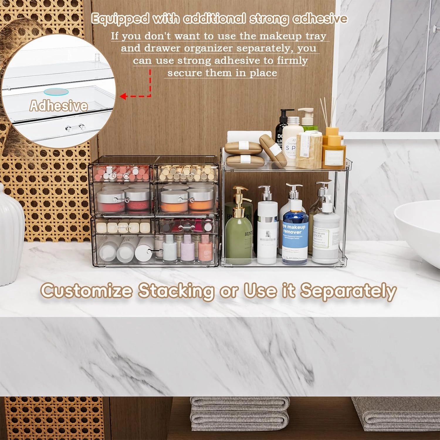 3 Pack Bathroom Organizers and Storage Countertop With 7 Drawers,Stackable Vanity Top Organizer,18.9" Tall Large Capacity Skin Care Organizer and Exquisite Makeup Storage for Beauty Products,Clear