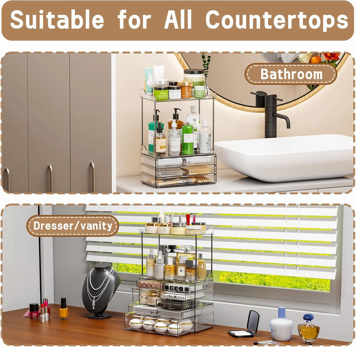 3 Pack Bathroom Organizers and Storage Countertop With 7 Drawers,Stackable Vanity Top Organizer,18.9" Tall Large Capacity Skin Care Organizer and Exquisite Makeup Storage for Beauty Products,Clear