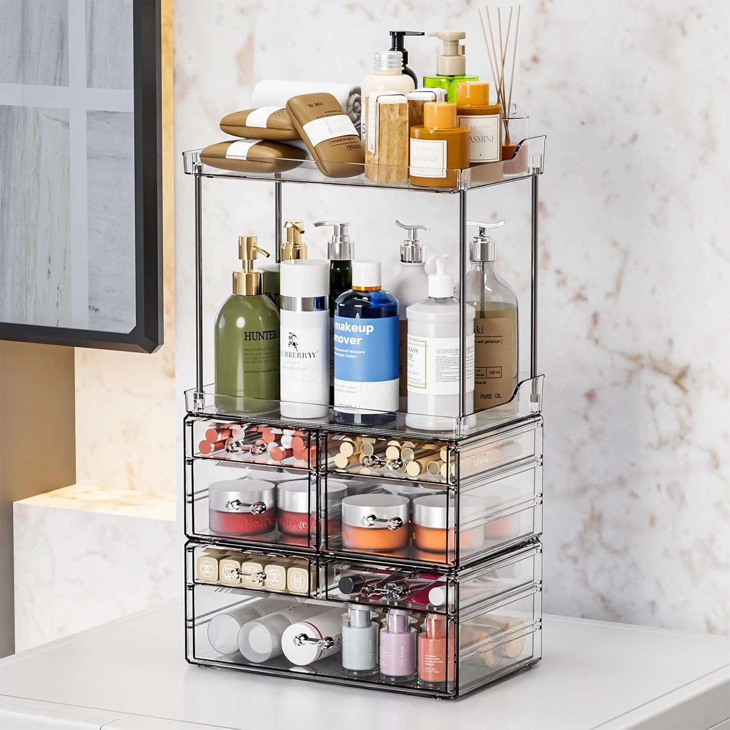 3 Pack Bathroom Organizers and Storage Countertop With 7 Drawers,Stackable Vanity Top Organizer,18.9" Tall Large Capacity Skin Care Organizer and Exquisite Makeup Storage for Beauty Products,Clear