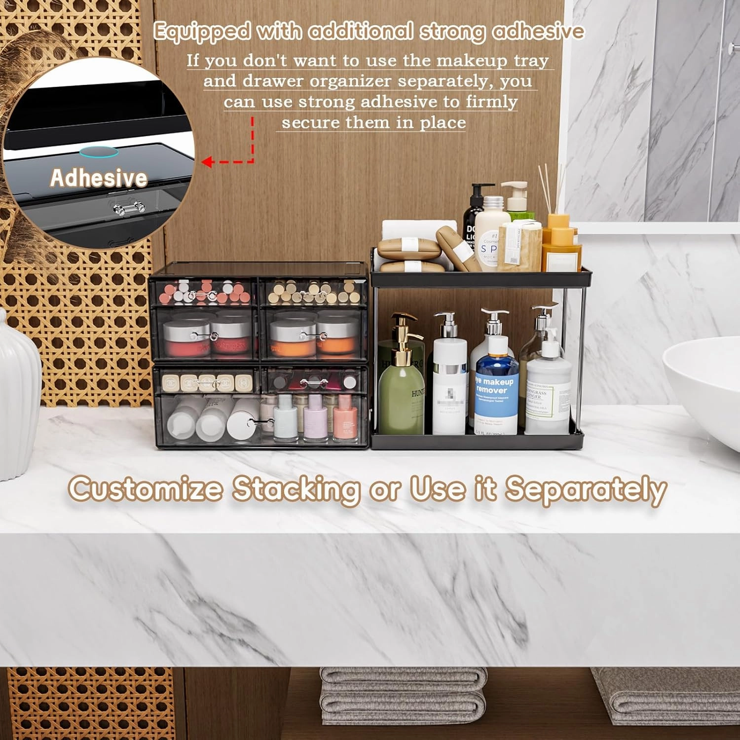 3 Tier 6-Drawer Bathroom Counter Organizer Shelf - Stackable Design - 18.9" Tall Large Skin Care Organizer Suitable as Makeup,Beauty,Face Product,Lotion,Skincare Organizers,Black