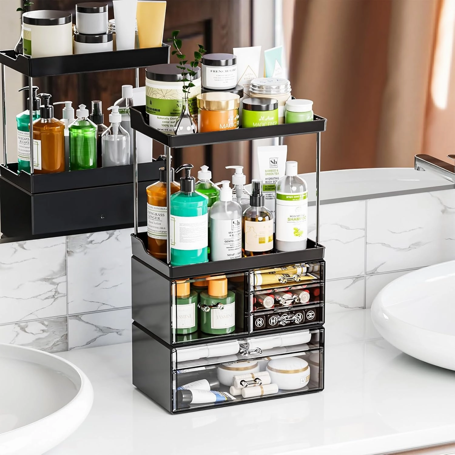3 Tier 6-Drawer Bathroom Counter Organizer Shelf - Stackable Design - 18.9" Tall Large Skin Care Organizer Suitable as Makeup,Beauty,Face Product,Lotion,Skincare Organizers,Black