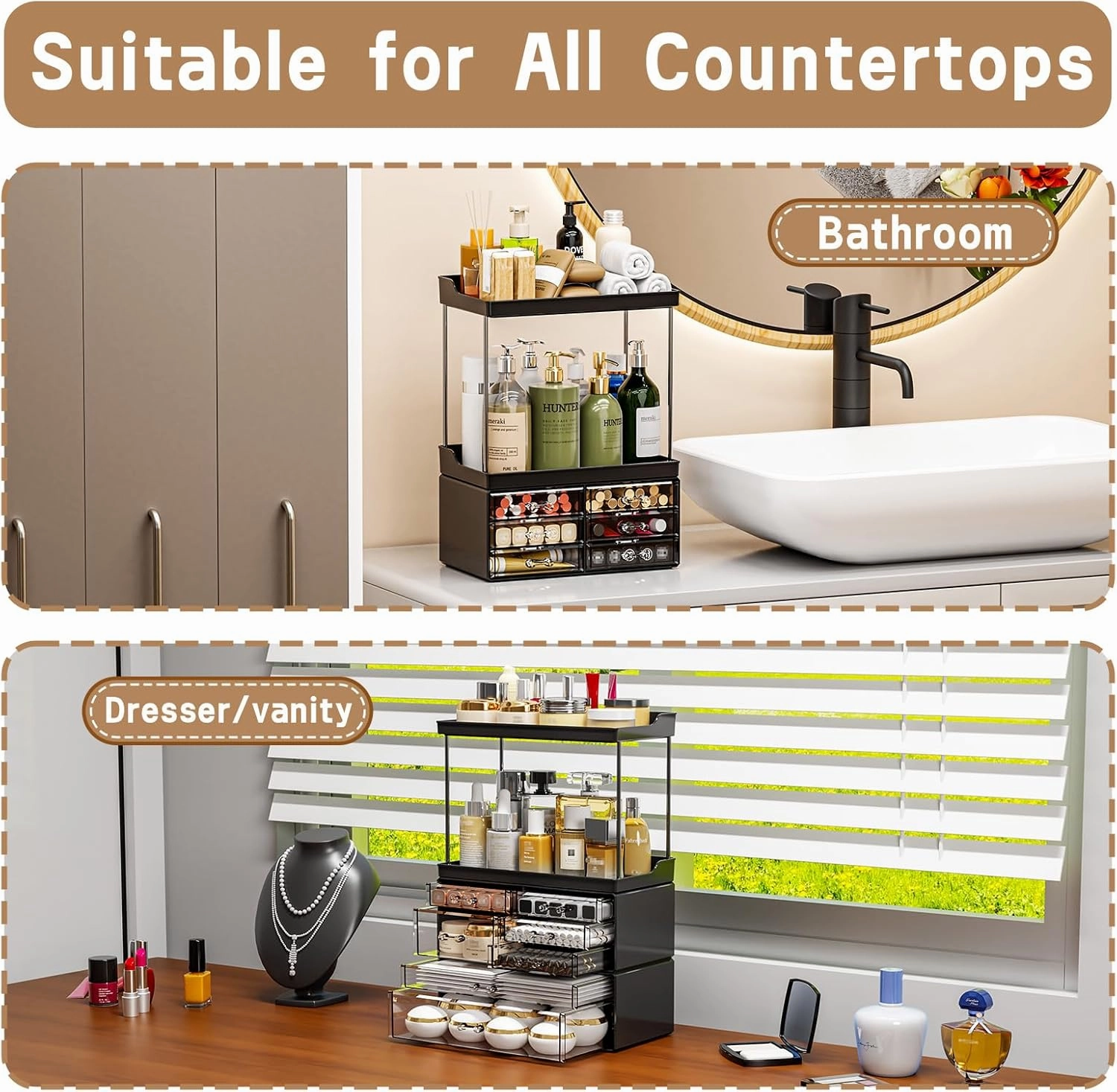 3 Tier 6-Drawer Bathroom Counter Organizer Shelf - Stackable Design - 18.9" Tall Large Skin Care Organizer Suitable as Makeup,Beauty,Face Product,Lotion,Skincare Organizers,Black