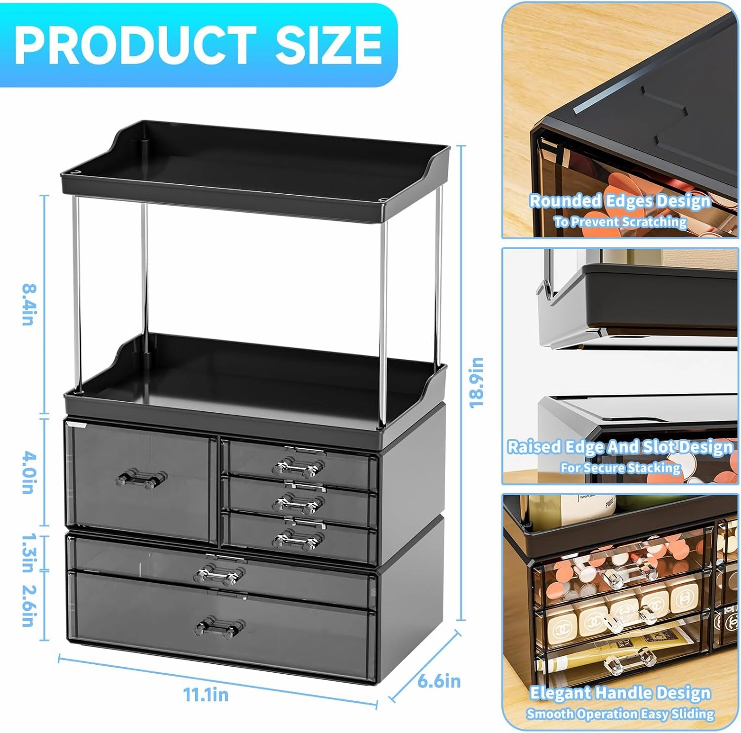 3 Tier 6-Drawer Bathroom Counter Organizer Shelf - Stackable Design - 18.9" Tall Large Skin Care Organizer Suitable as Makeup,Beauty,Face Product,Lotion,Skincare Organizers,Black