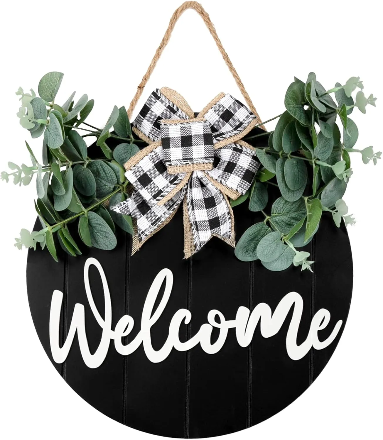 3D Front Door Welcome Wreath - Farmhouse Welcome Sign for Front Door - Vertical Concave Stripes Wooden Front Door Wreaths for Home Decor(Black) - Housewarming Gift
