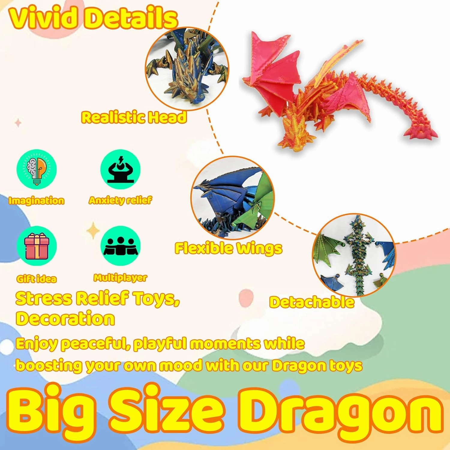 3D Printed Dragon Large for Kids Fidget Toys Adults, Large 3D Printed Dragon 35 inch Fidget Toys Collectible Figurines Dragon Decor as Birthday Gifts for Christmas Decor Desk Toys (35 inch)