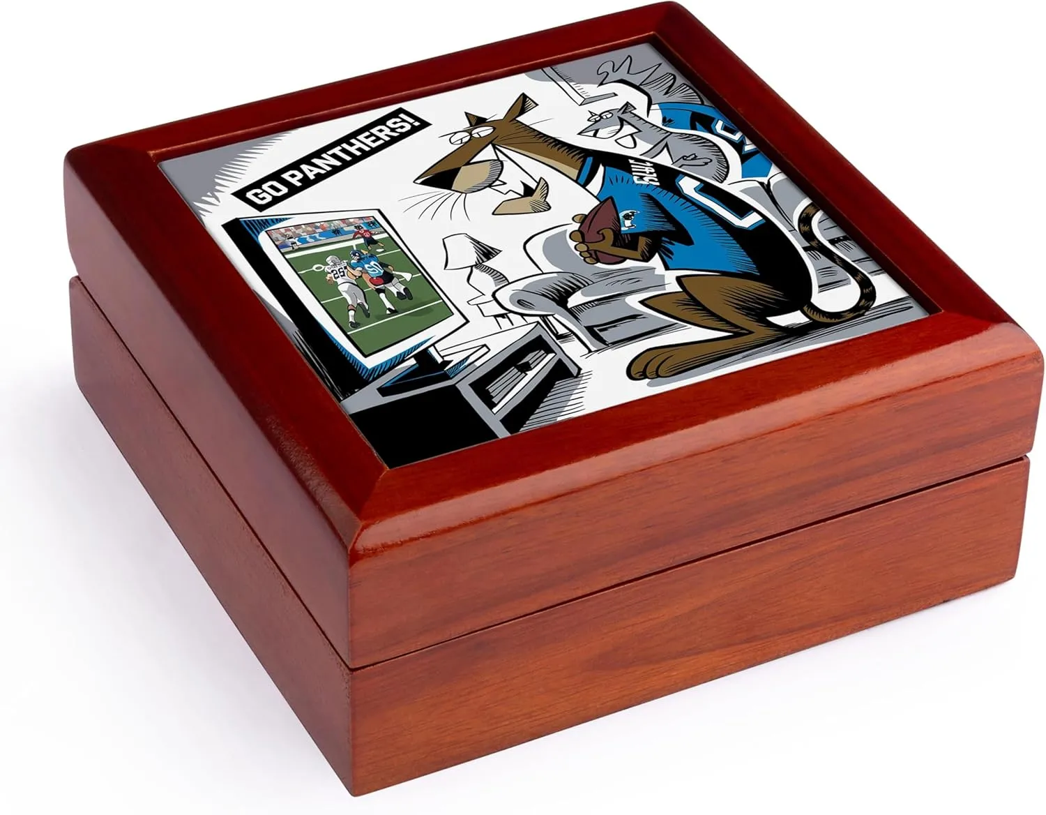 3dRose, Funny Cool Panther watching Football Game on TV Sports Satire, Jewelry Box 5.5x5.5 inch with 4 inch tile