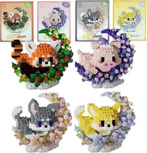 4 Pack Micro Building Block Sets, Cute Animals Micro Set with Flower and Moon, Building Blocks for Adults & Kids, Classroom Prizes, Party Favors, Toys for Ages 8-13  (Panda, Pig, Dog, Cat)