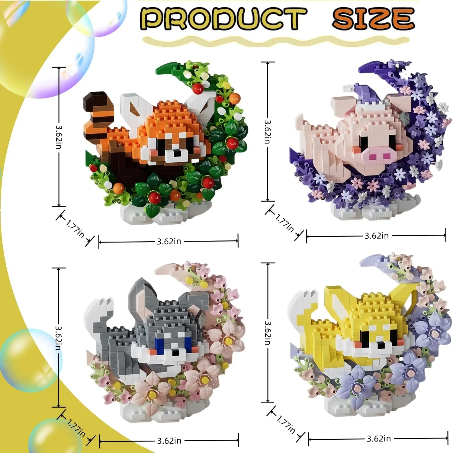 4 Pack Micro Building Block Sets, Cute Animals Micro Set with Flower and Moon, Building Blocks for Adults & Kids, Classroom Prizes, Party Favors, Toys for Ages 8-13  (Panda, Pig, Dog, Cat)