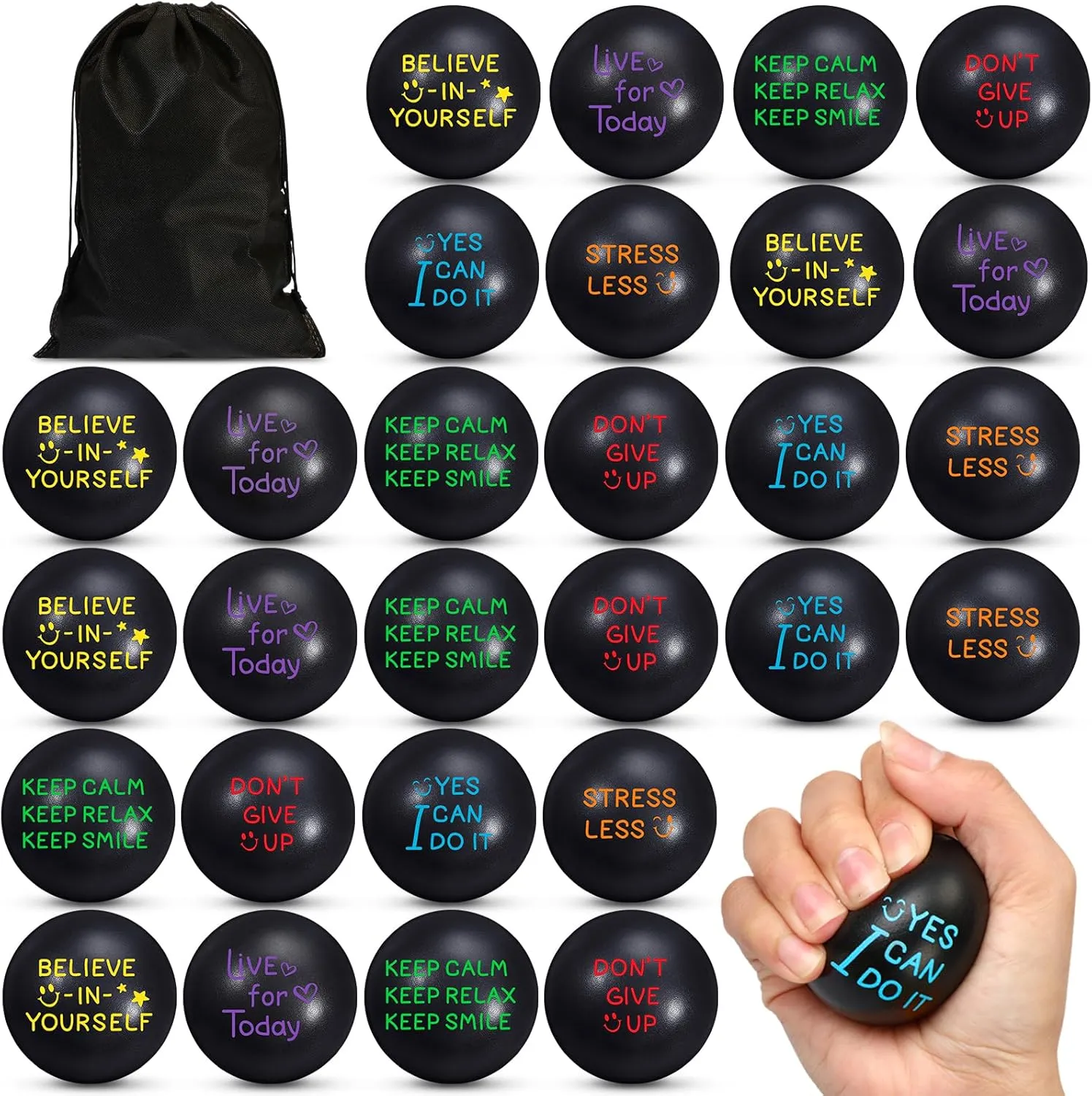 48 Pcs Motivational Stress Balls Bulk 1.97 Inch Black Inspirational Quotes Stress Balls with Drawstring Bag to Relieve Anxiety for Employee Coworkers Team Graduation