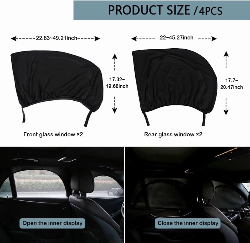 4PCS Car Window Shades with Zipper,Breathable Car Window Cover Baby Window Shades for Car,Camping Essentials Side Window Sun Shade for Privacy Protection Fits Most Cars