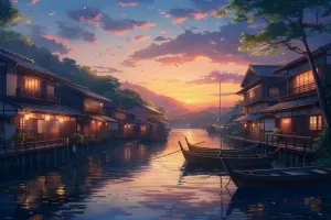 500 Piece Puzzles for Adults Kids Cool Anime Fishing Village at Dusk Anime Wooden Puzzles Family Decorations Puzzle Game Education Game Parent Child Game