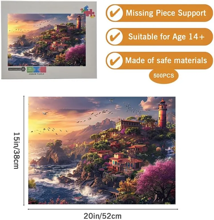 500 Piece Wooden Jigsaw Puzzles for Seniors Elders Relaxing Lighthouse Fishing Village Puzzle Games for Men Women Funny Parent Child Game Toy