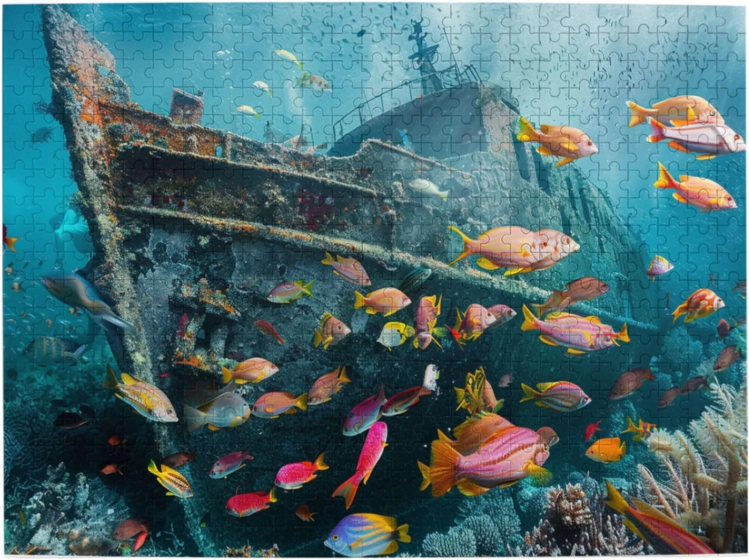 500 Pieces Imaginative Wooden Puzzle, Shipwrecks and Fish, Adult Wooden Jigsaw Puzzle, View of The Seabed, Puzzles for Adults 500 Pieces, Brain Challenge, Adult Party Stress Relief Game