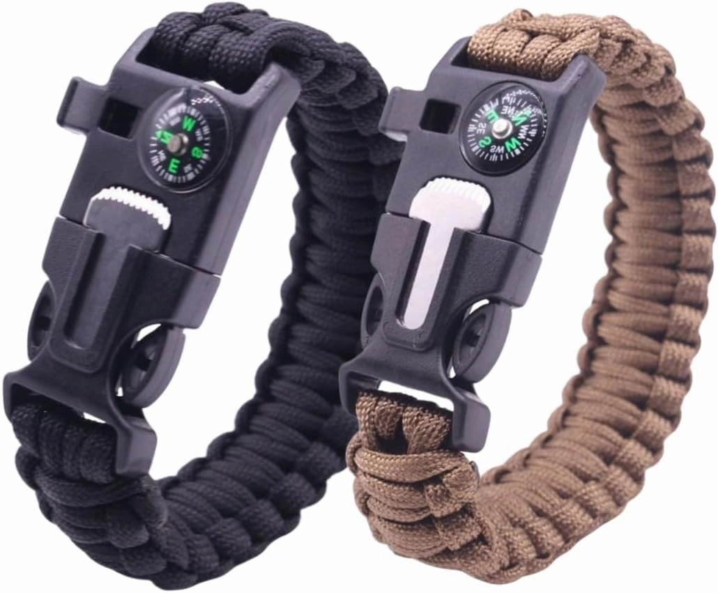 5-in-1 Survival Bracelet Pack of 2 | Fire Starter, Compass & Whistle | Military Paracord for Hiking, Camping, EDC | Flint Steel Scraper