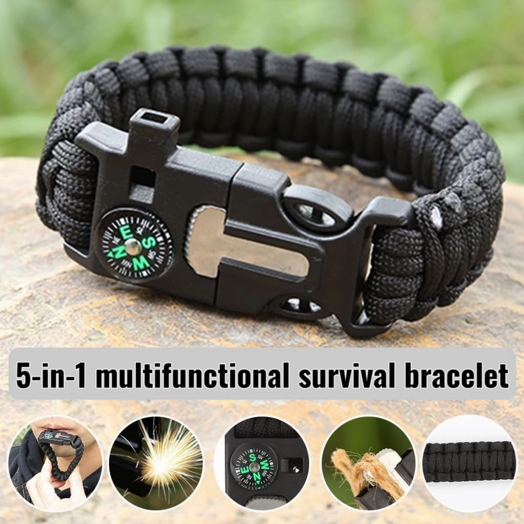 5-in-1 Survival Bracelet Pack of 2 | Fire Starter, Compass & Whistle | Military Paracord for Hiking, Camping, EDC | Flint Steel Scraper