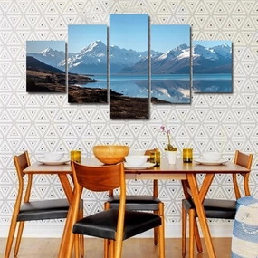 5 Panel Canvas Wall Art Beautiful Snow Mountain Plateau Lake Natural Landscape HD Painting For Modern Home living room Office Decoration Large Size Framed Artworks Print Decor (60*32inch)