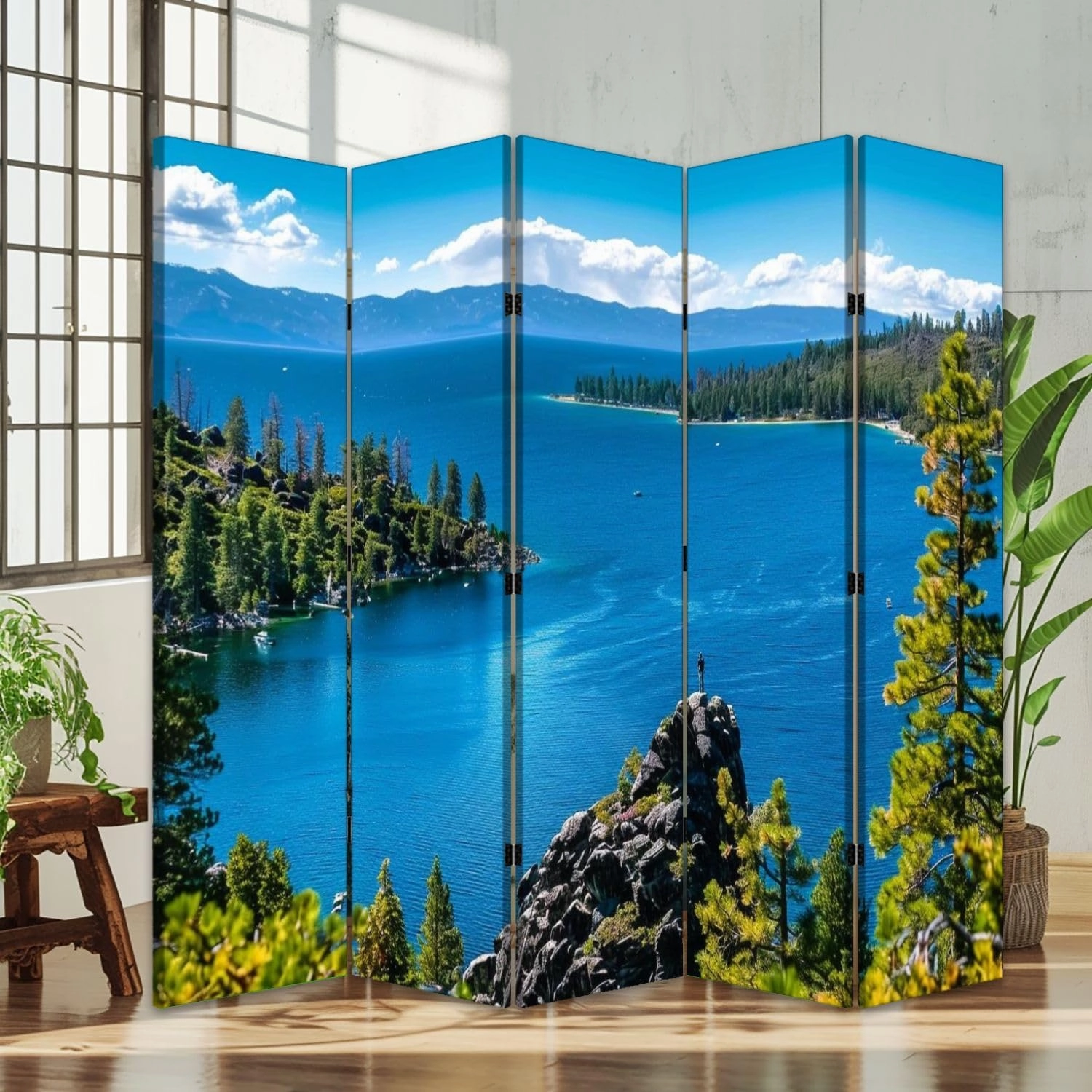 5 Panels Room Divider Screen Beautiful Hike Lake California Exploration Pictures Folding Privacy Screen Partition Canvas Wall Divider Indoor Freestanding Divider Room Portable Separator