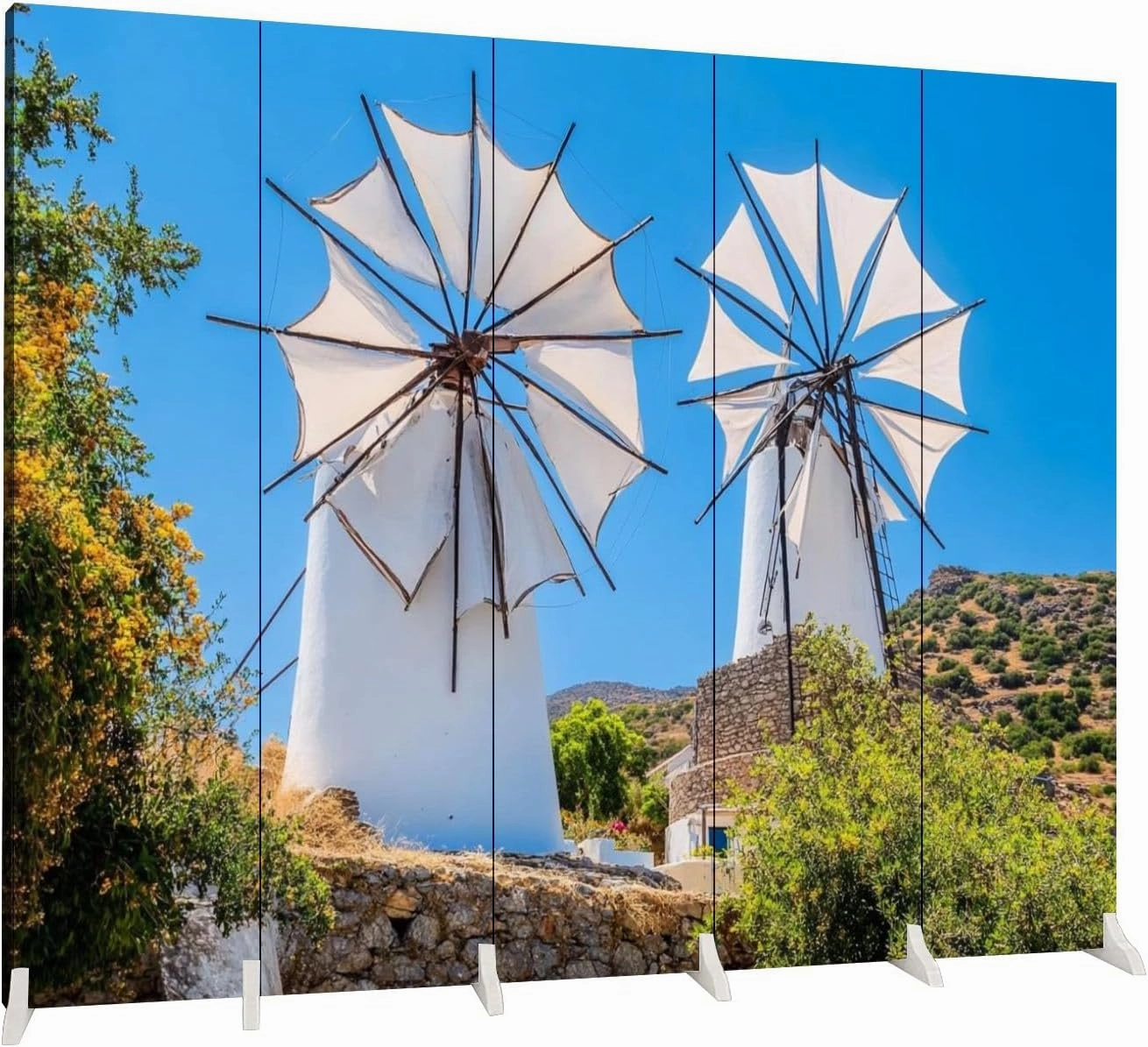 5 Panels Room Divider Screen Windmills Mountains Lassithi Plateau Folding Privacy Screen Partition Canvas Wall Divider Indoor Freestanding Divider Room Portable Separator