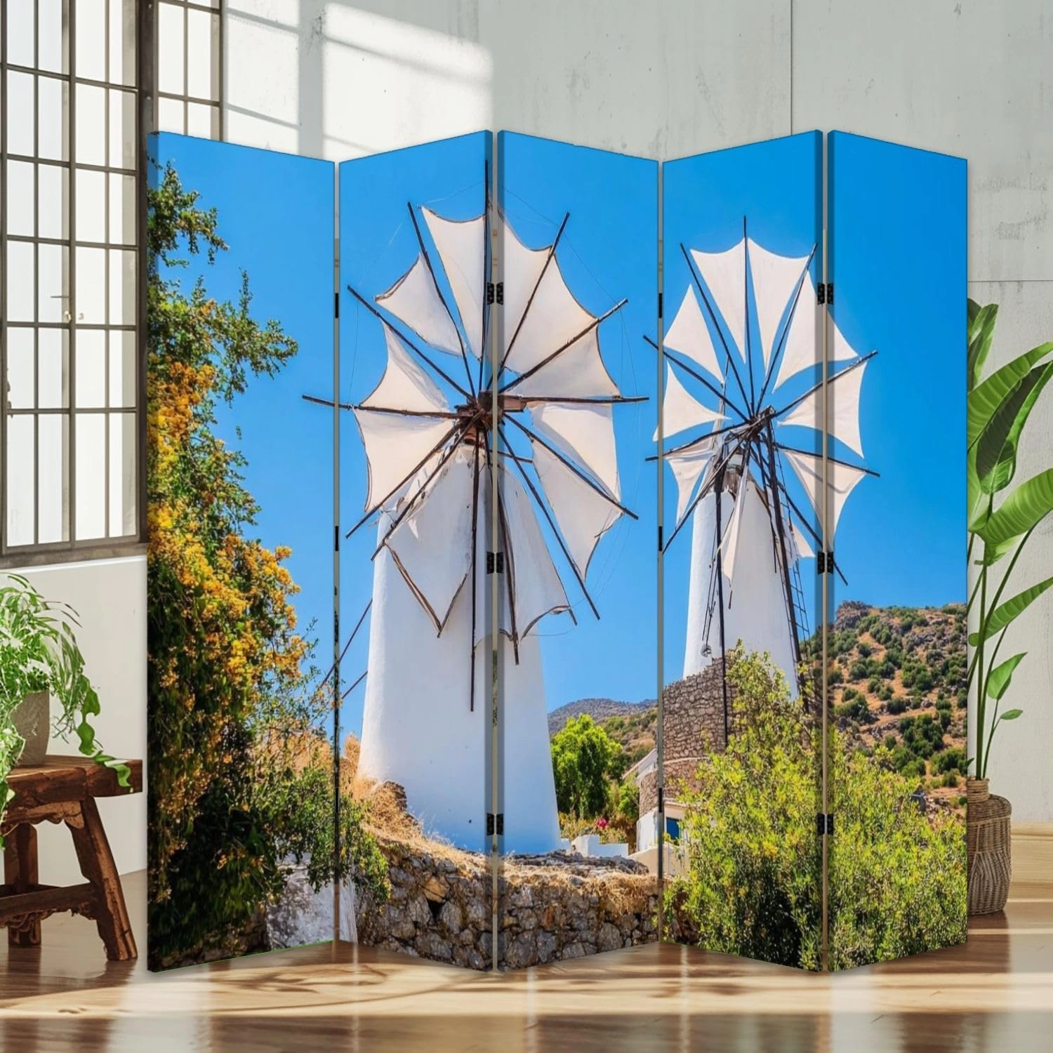 5 Panels Room Divider Screen Windmills Mountains Lassithi Plateau Folding Privacy Screen Partition Canvas Wall Divider Indoor Freestanding Divider Room Portable Separator