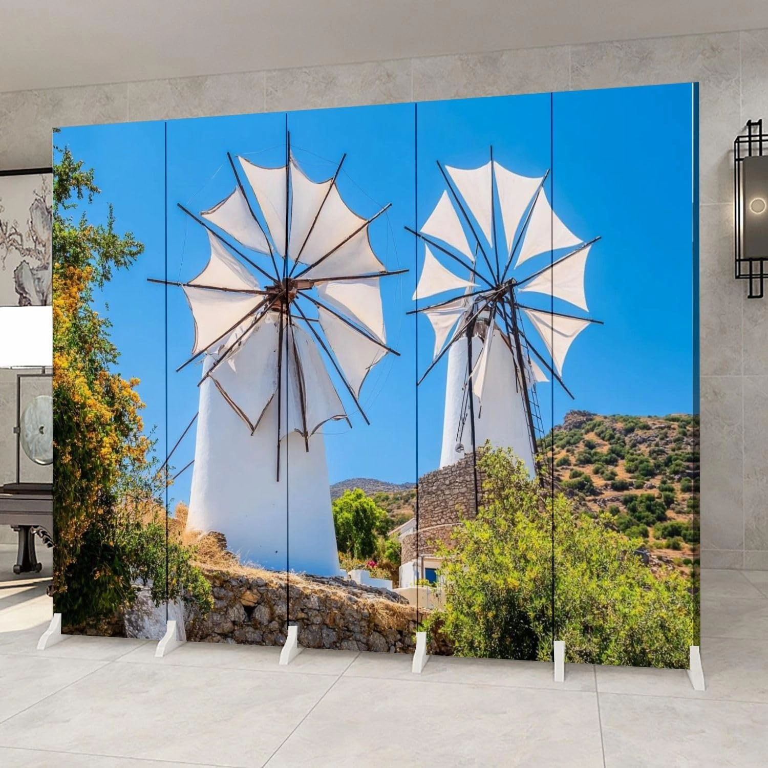 5 Panels Room Divider Screen Windmills Mountains Lassithi Plateau Folding Privacy Screen Partition Canvas Wall Divider Indoor Freestanding Divider Room Portable Separator