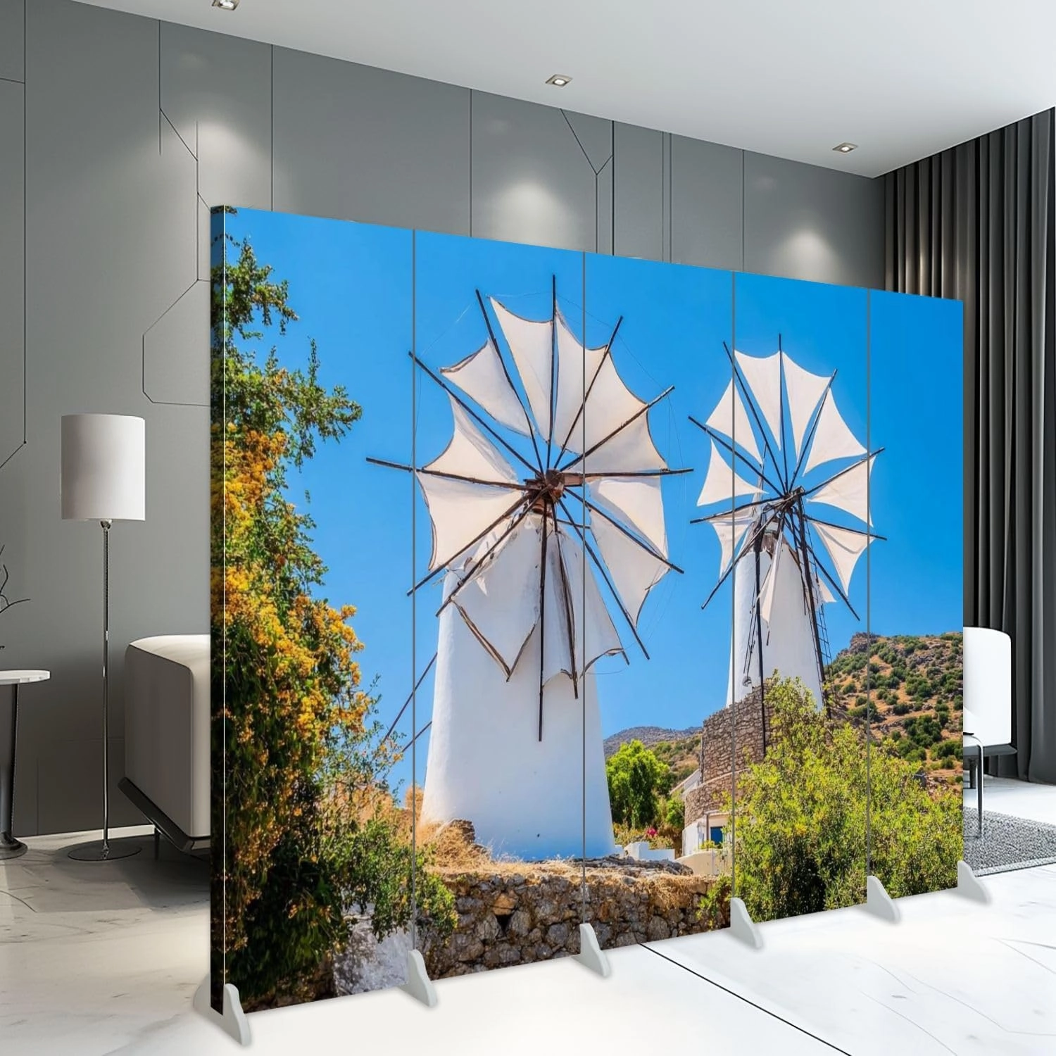 5 Panels Room Divider Screen Windmills Mountains Lassithi Plateau Folding Privacy Screen Partition Canvas Wall Divider Indoor Freestanding Divider Room Portable Separator