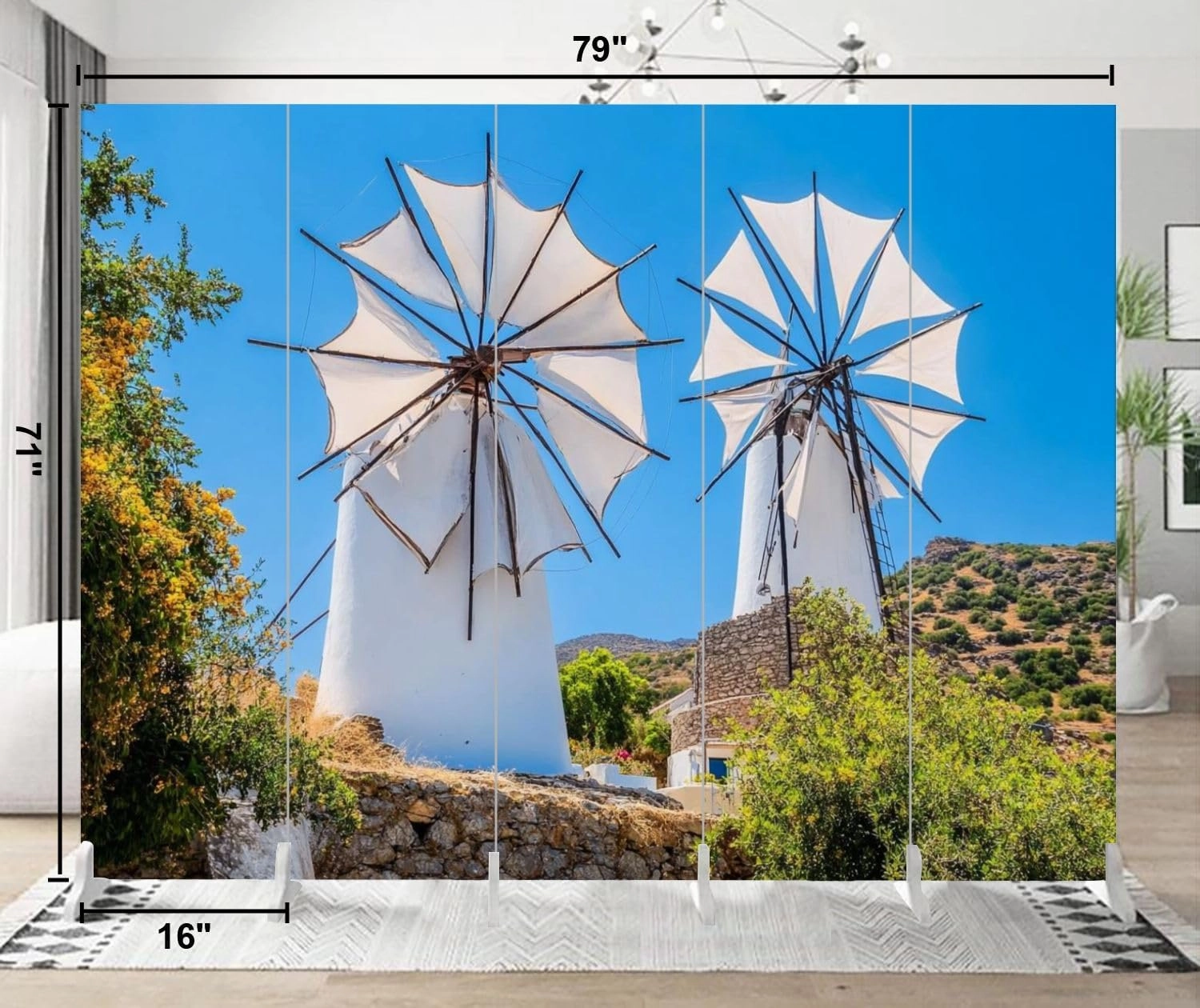 5 Panels Room Divider Screen Windmills Mountains Lassithi Plateau Folding Privacy Screen Partition Canvas Wall Divider Indoor Freestanding Divider Room Portable Separator