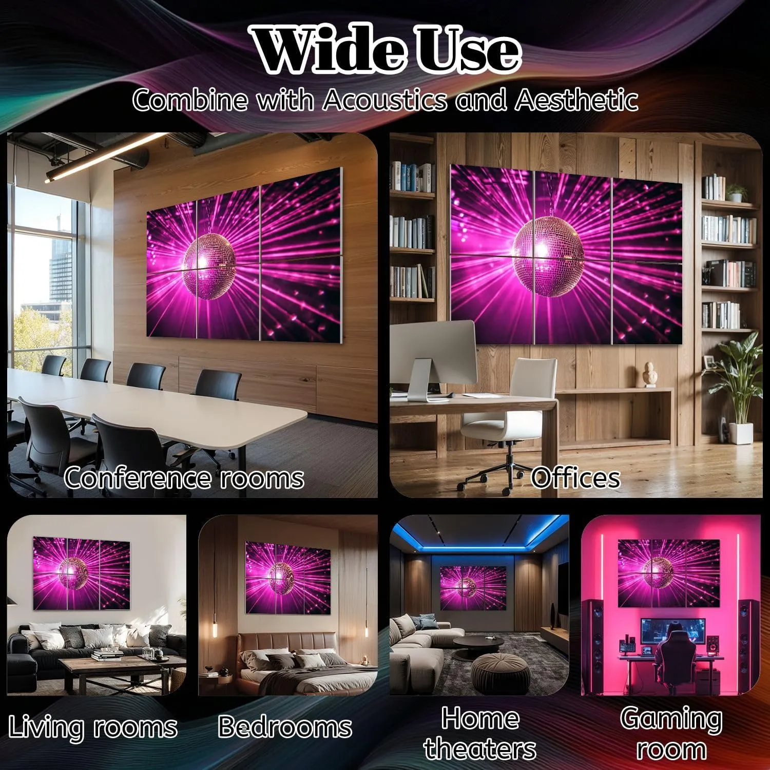 6 Pack Art Acoustic Panels disco ball bright rays night party mirrors reflection Sound Absorbing Panel 48"x72" Soundproof Wall Panels Acoustic Wall Art for Studios, Office, Theaters