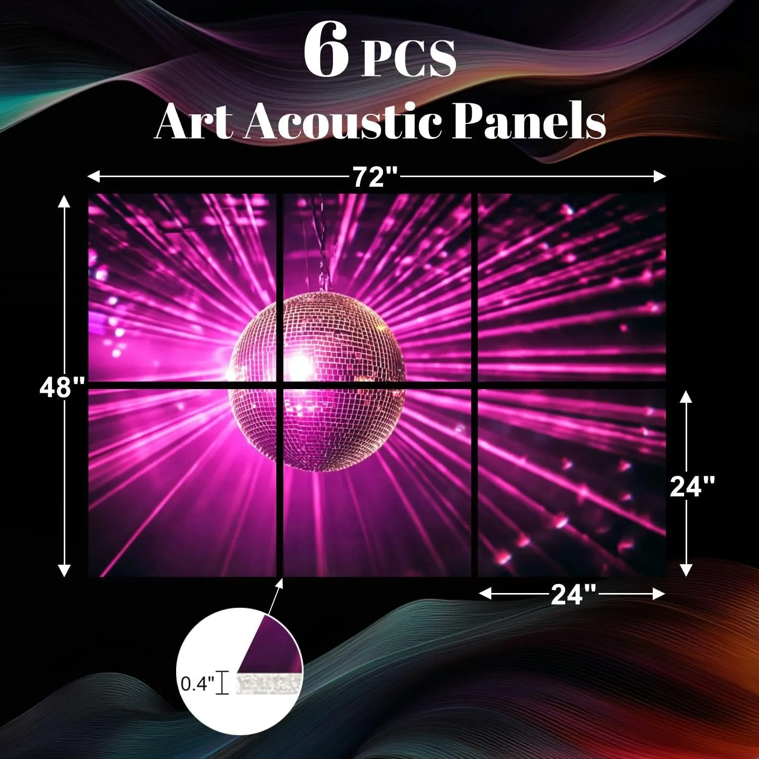 6 Pack Art Acoustic Panels disco ball bright rays night party mirrors reflection Sound Absorbing Panel 48"x72" Soundproof Wall Panels Acoustic Wall Art for Studios, Office, Theaters