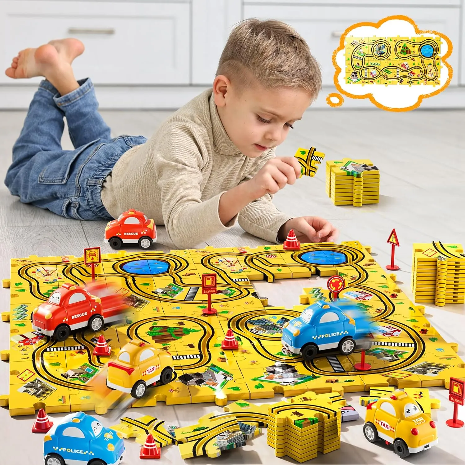 64 PCS Puzzle City Race Cars Track Set Toys for Kids Boys, Puzzle Racer Kids Car Track Set Ages 3-5 4-6, Toys Gifts for 3 4 5 Year Old Boys, 3 4 5 Year Old Boys