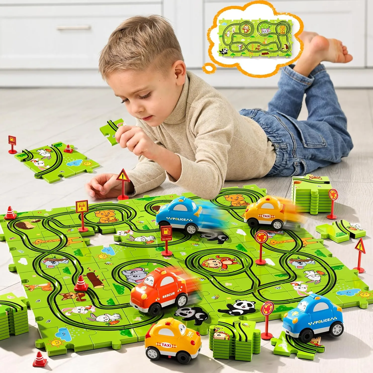 64 PCS Puzzle Race Track Car Set for Kids Boys, Floor Puzzle Tracks Car Toys for Boys Ages 3-5 4-6, Toddler Toys Gifts for 3 4 5 Year Old Boys, Ideal 3 4 5 6 Year Old Birthday Gifts
