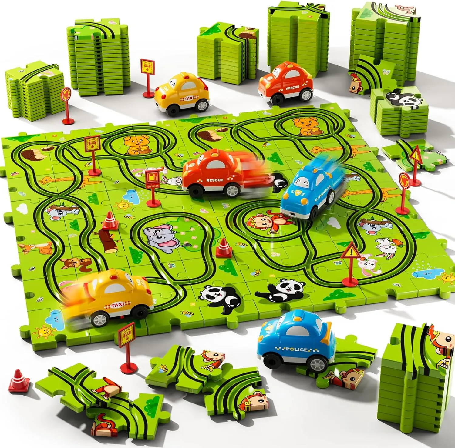 64 PCS Puzzle Race Track Car Set for Kids Boys, Floor Puzzle Tracks Car Toys for Boys Ages 3-5 4-6, Toddler Toys Gifts for 3 4 5 Year Old Boys, Ideal 3 4 5 6 Year Old Birthday Gifts