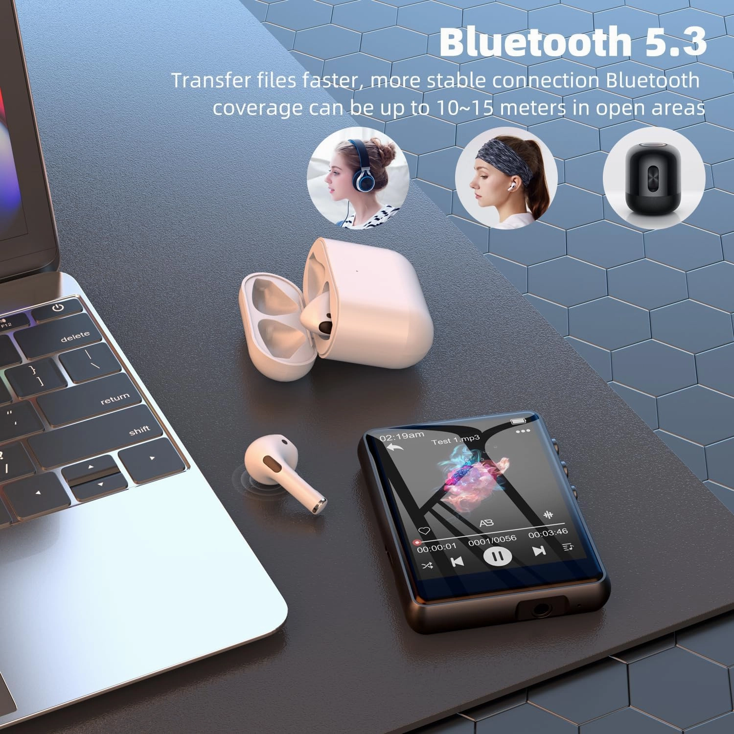 64GB MP3 Player with Bluetooth 5.3, 2.4" Full Touch Screen Portable Music Player, Lossless Sound Digital Audio Player Built-in HD Speaker, FM Radio, Player Case Earphones Included (Black)