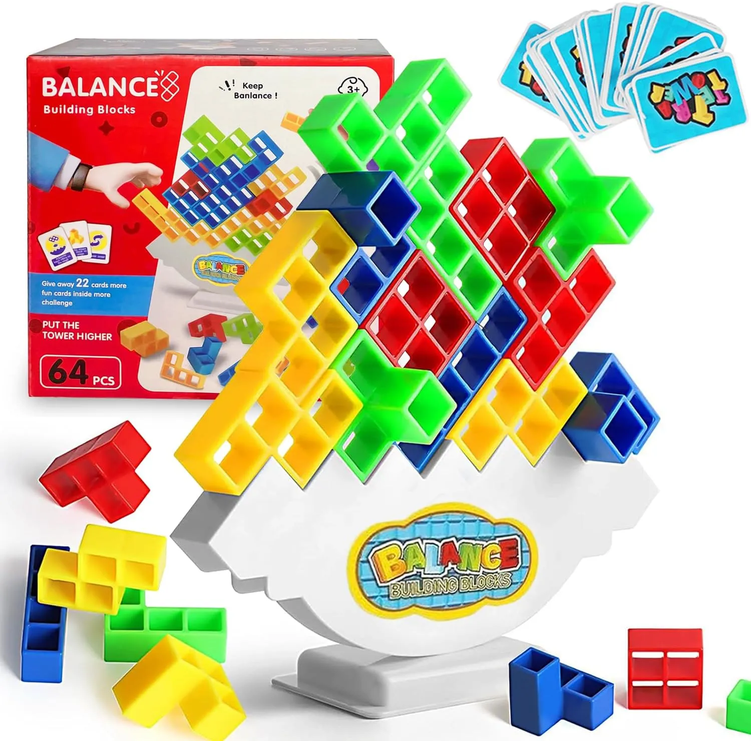 64Pcs Tetra Tower Game, Stack Attack Board Game for Kids and Adults, Fun Uzzle Family Games Team Toys Building Block