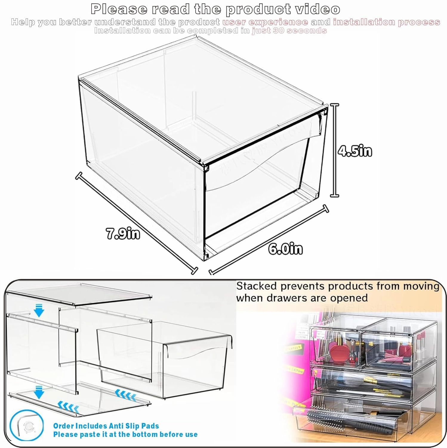 6 Pack Acrylic Drawer Organizer Stackable,Clear Storage Drawer for Makeup,Cosmetics,Beauty Products,Plastic Storage Organizer for Medicine Cabinet Organizer,Bottle and Pump Part Organizer Containers