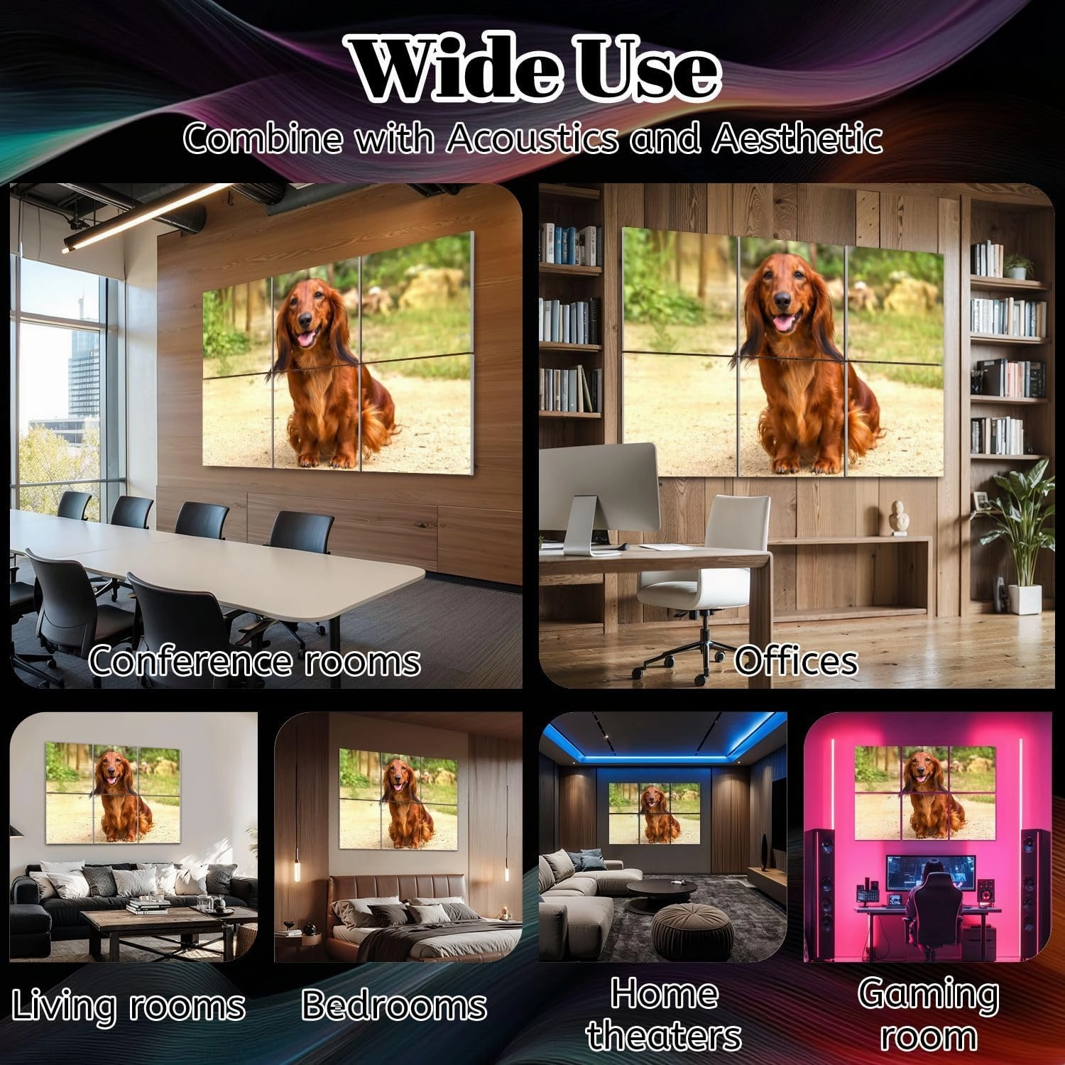 6 Pack Art Acoustic Panels Portrait dog breed long haired Dachshund bright red color open air Sound Absorbing Panel 48"x72" Soundproof Wall Panels Acoustic Wall Art for Studios, Office, Theaters