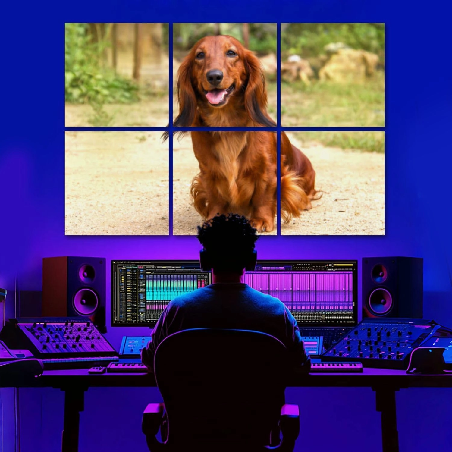 6 Pack Art Acoustic Panels Portrait dog breed long haired Dachshund bright red color open air Sound Absorbing Panel 48"x72" Soundproof Wall Panels Acoustic Wall Art for Studios, Office, Theaters
