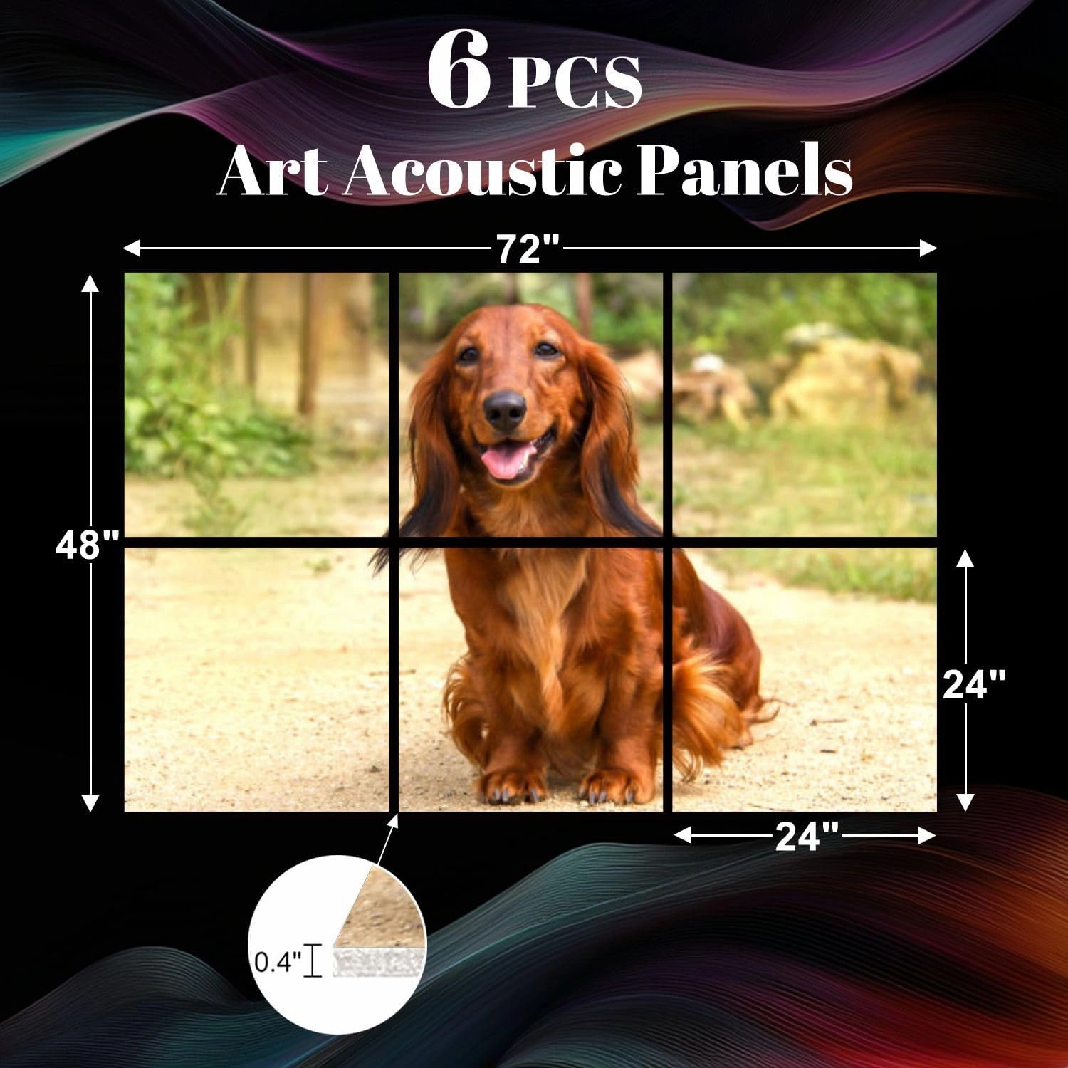 6 Pack Art Acoustic Panels Portrait dog breed long haired Dachshund bright red color open air Sound Absorbing Panel 48"x72" Soundproof Wall Panels Acoustic Wall Art for Studios, Office, Theaters