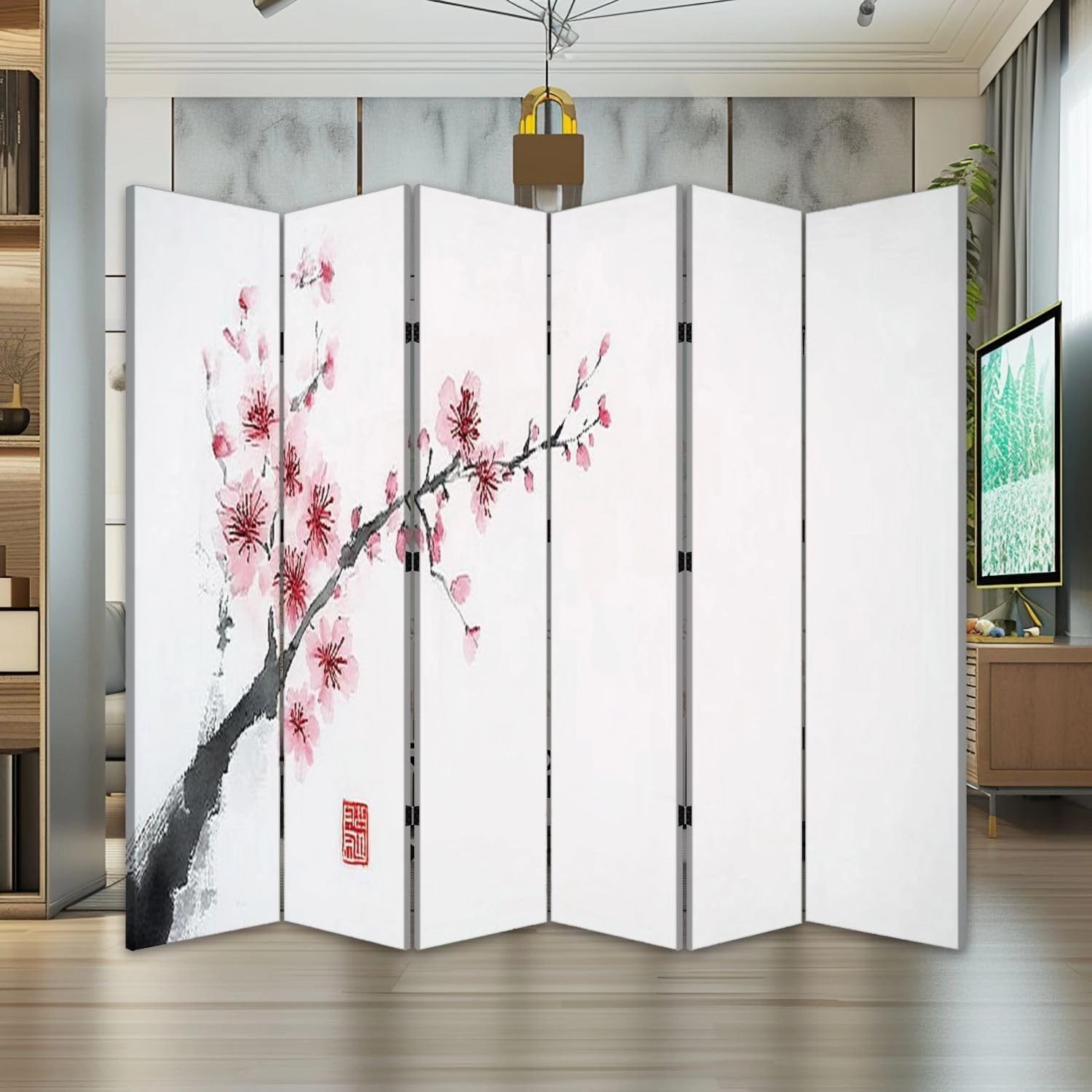6 Panels Folding Screen Room Divider Blossoming Branch Traditional Oriental Ink Canvas Screen Indoor Separator Freestanding Protective Wall Divider Privacy Partition