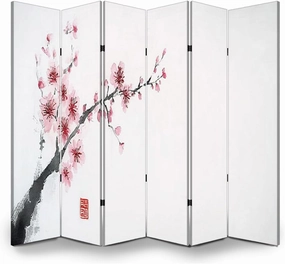 6 Panels Folding Screen Room Divider Blossoming Branch Traditional Oriental Ink Canvas Screen Indoor Separator Freestanding Protective Wall Divider Privacy Partition